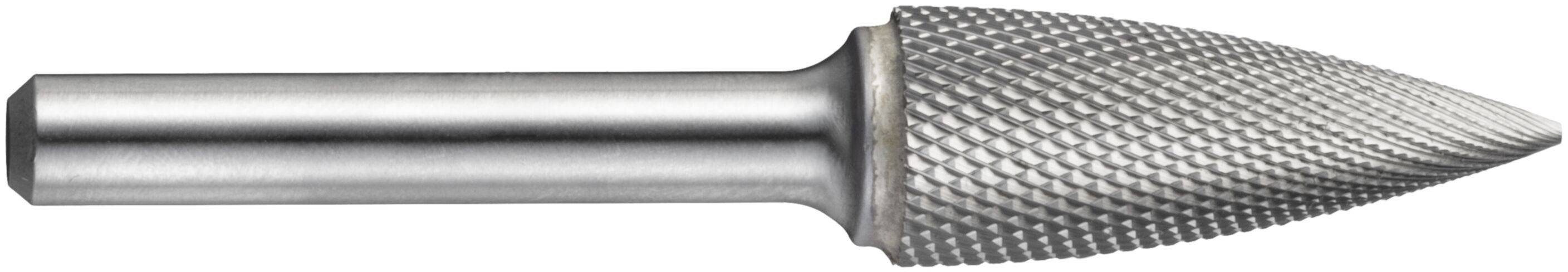 Srebrne, stożkowe narzędzie obrotowe z teksturowaną powierzchnią do rzeźbienia lub kształtowania materiałów, zamocowane na gładkim cylindrycznym trzpieniu.