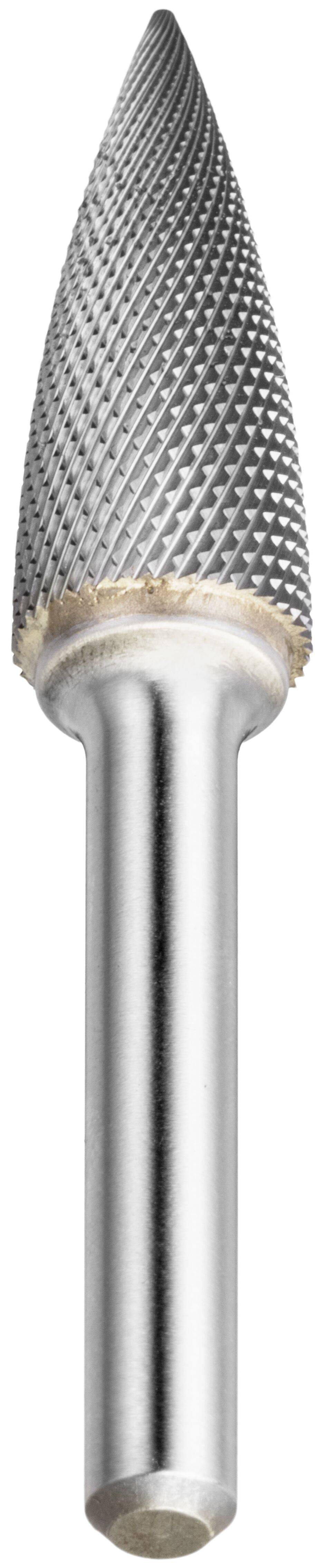 Srebrny frez z węglika wolframu o kształcie płomienia z teksturowaną powierzchnią, stosowany do precyzyjnej obróbki metalu lub drewna.
