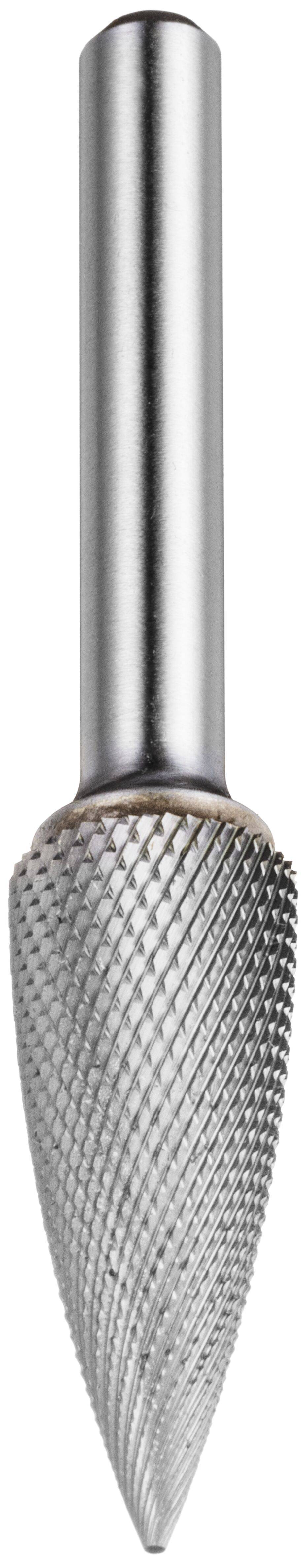 Metalowy frez węglikowy o kształcie stożkowym, używany do szlifowania i kształtowania. Posiada teksturowaną powierzchnię zwiększającą zdolności tnące.
