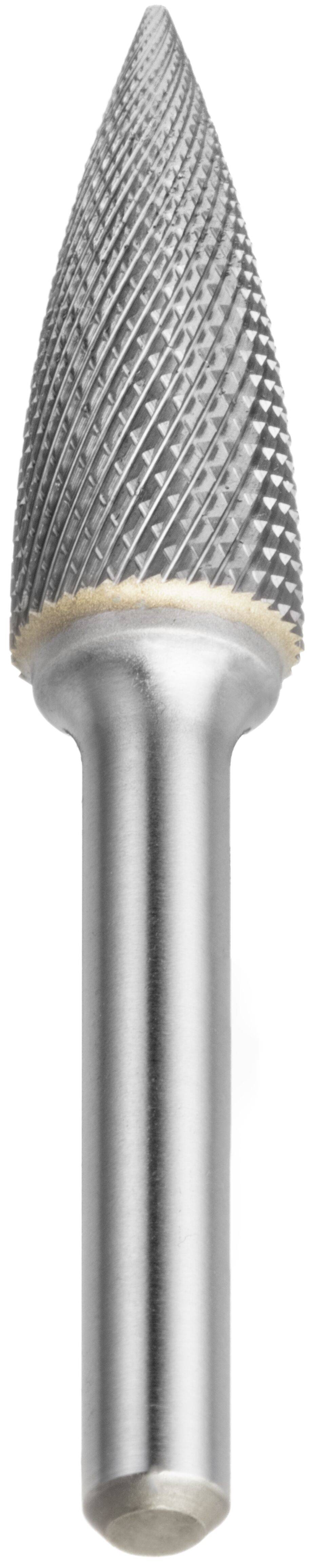 Pilnik obrotowy z węglika spiekanego o kształcie stożkowym, zakończony szpicem, z poprzecznym wzorem nacięć, przeznaczony do szlifowania i kształtowania powierzchni metalowych lub drewnianych.
