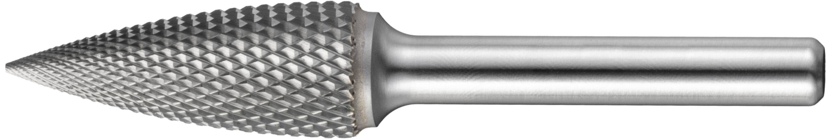 Pilnik obrotowy z węglika o kształcie stożkowym i teksturowanej powierzchni, używany do cięcia, kształtowania i szlifowania powierzchni metalowych lub drewnianych.