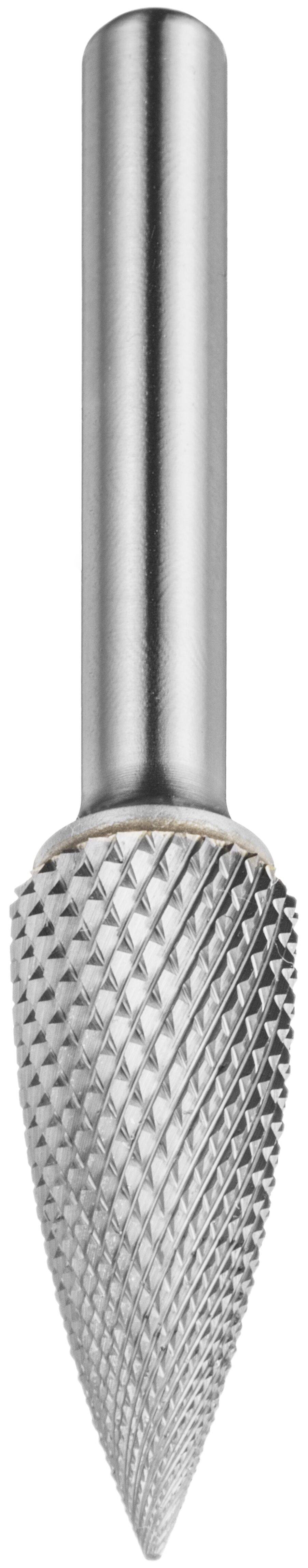 Srebrzyste narzędzie tnące w kształcie stożka z obrotową frezą, pokryte teksturowaną powierzchnią ścierną i gładkim, cylindrycznym trzpieniem. Stosowane do kształtowania i wydrążania różnych materiałów.