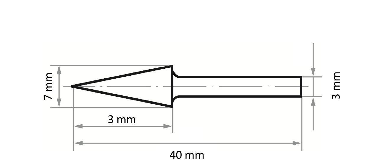 Rysunek techniczny obiektu stożkowego o wymiarach: 40 mm długości, 7 mm średnicy w najszerszym punkcie, zwężającego się do 3 mm.