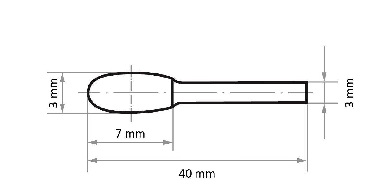 Rysunek techniczny płaskiej główki pinezki przedstawia wymiary: długość 40 mm, szerokość główki 7 mm oraz grubość główki 3 mm. Szerokość trzpienia wynosi 3 mm.