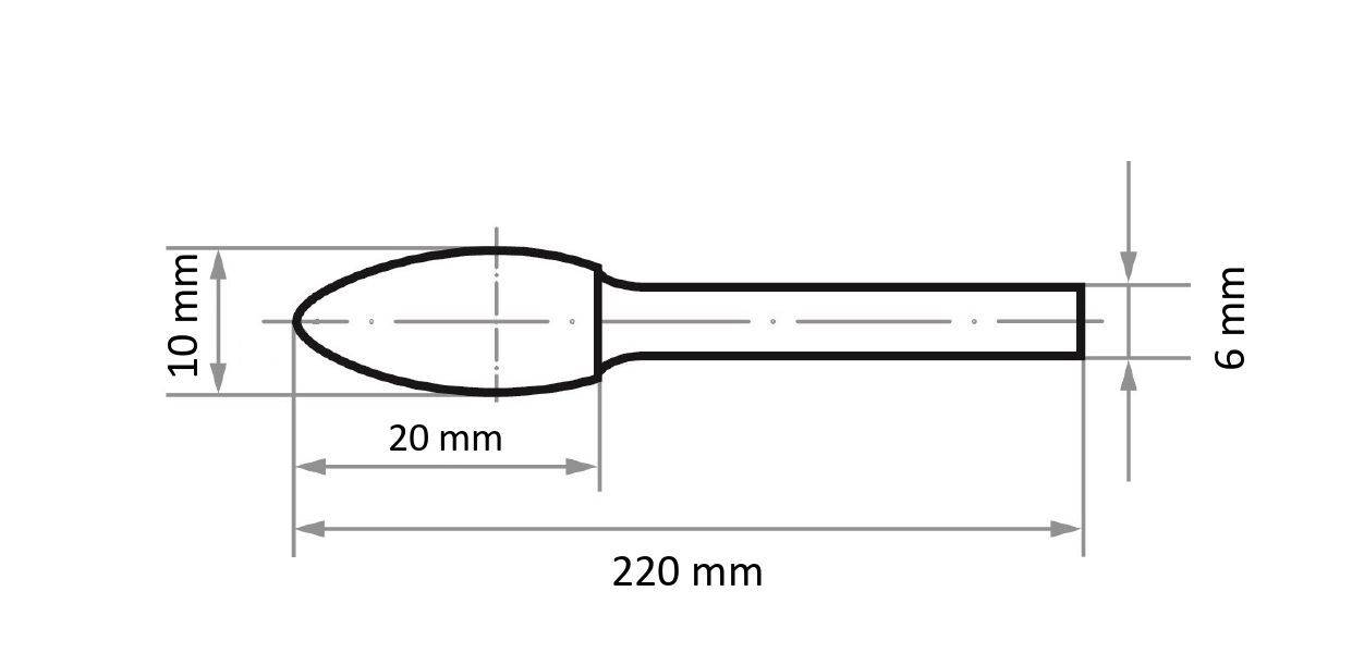 Rysunek techniczny narzędzia o długości 220 mm. Głowica ma wysokość 10 mm i długość 20 mm, przy szerokości trzonu wynoszącej 6 mm.