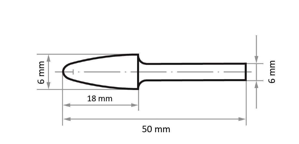 Rysunek linowy cylindrycznego przedmiotu ze zwężanym końcem. Wymiary: 50 mm długości, 6 mm średnicy; zwężenie rozpoczyna się 18 mm od czubka.