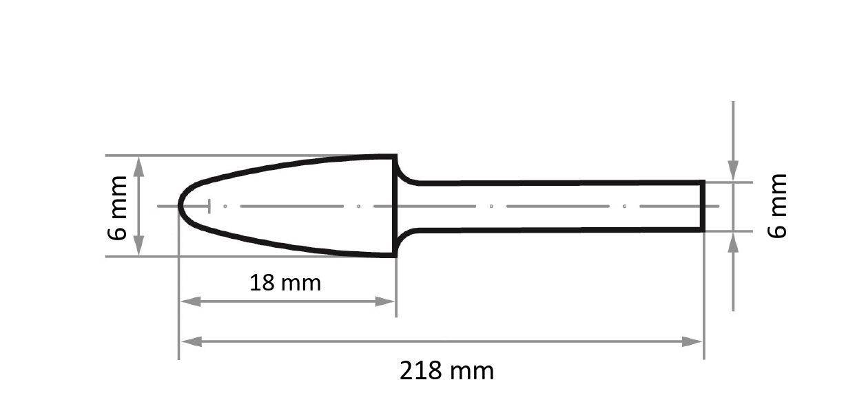 Rysunek techniczny wiertła przedstawiający wymiary: 218 mm długości, 18 mm długości końcówki oraz 6 mm szerokości na obu końcach.