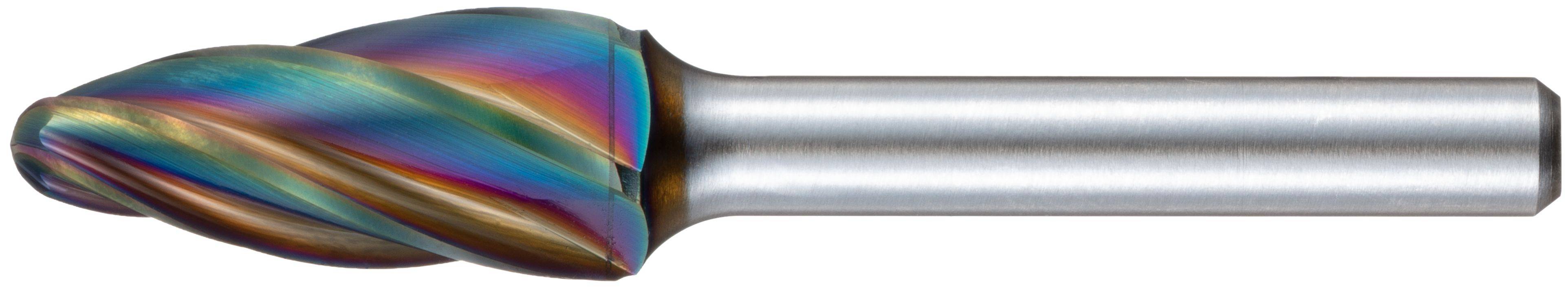 Wielobarwne, stożkowe narzędzie frezujące z metalicznym wykończeniem, stosowane do precyzyjnego cięcia i kształtowania w zadaniach obróbki mechanicznej.