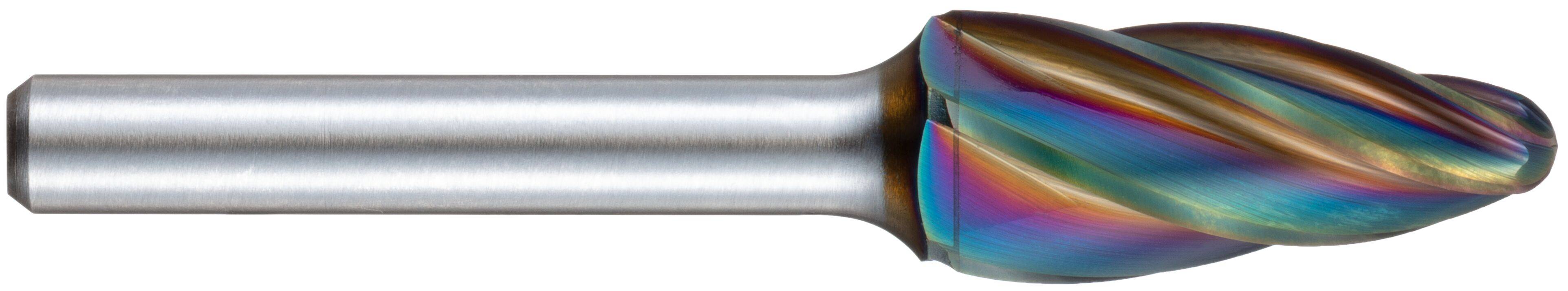 Wielobarwny, obrotowy frez czołowy z głowicą kulistą, przeznaczony do kształtowania, szlifowania i usuwania materiału z metali i innych powierzchni.