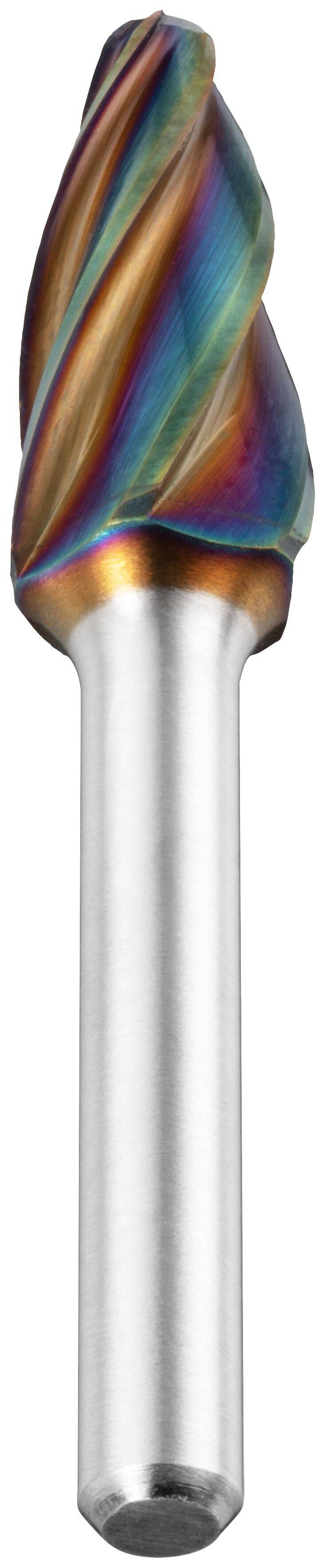 Narzędzie skrawające wykonane z metalu, posiadające kolorowy spiralny wzór na krawędzi tnącej.