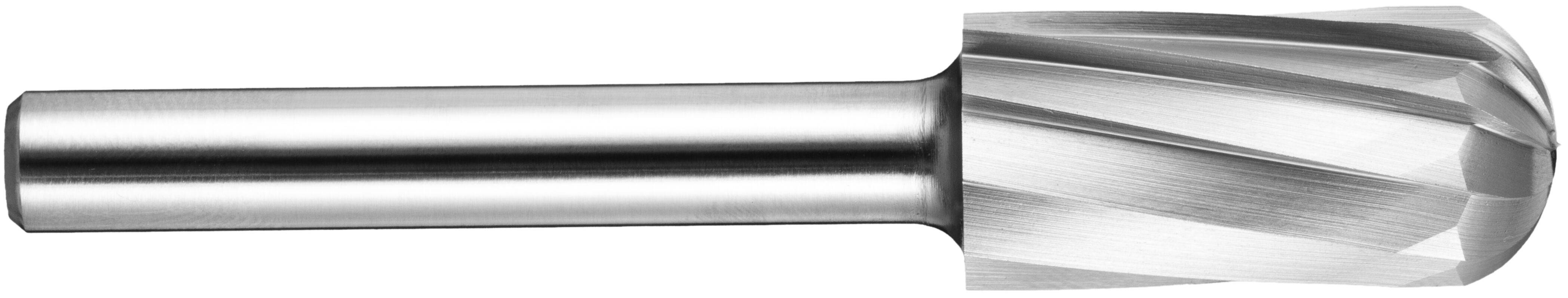 Srebrny frezer obrotowy o cylindrycznym korpusie i zaokrągłonej, karbowanej główce, stosowany do cięcia i kształtowania materiałów w obróbce metali.