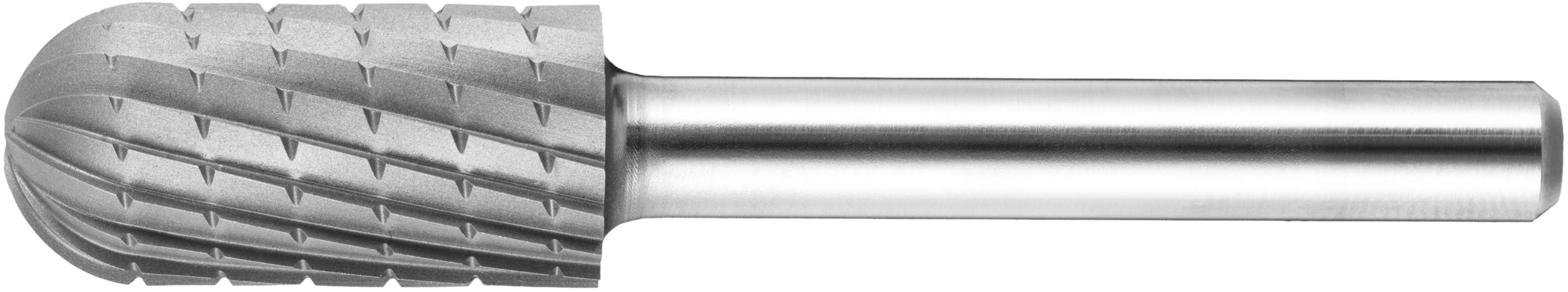 Cylindryczny metalowy pilnik z teksturowaną, zaokrągloną główką tnącą, stosowany do kształtowania i rzeźbienia materiałów w zastosowaniach przemysłowych.