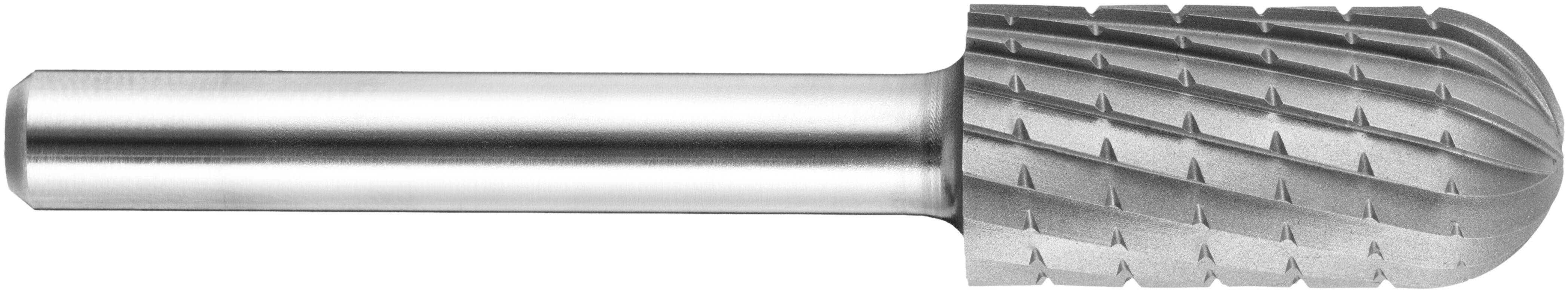 Srebrny cylindryczny frez obrotowy z okrągłą, żebrowaną główką, używany do kształtowania, szlifowania i usuwania materiału w obróbce metalu lub drewna.
