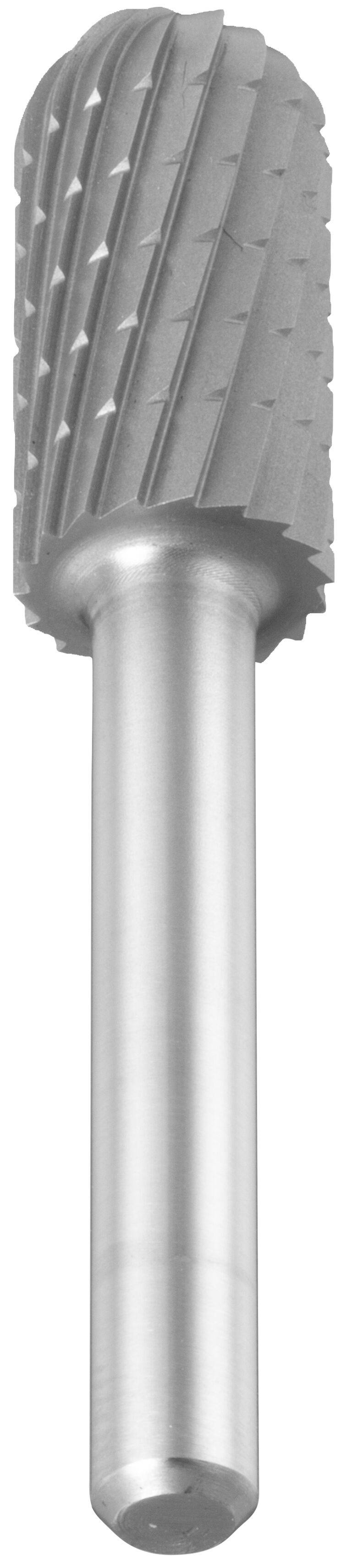 Cylindryczny metalowy narzędzie frezujące z gładkim uchwytem i spiralnymi krawędziami tnącymi, stosowane do kształtowania, szlifowania lub usuwania materiału.