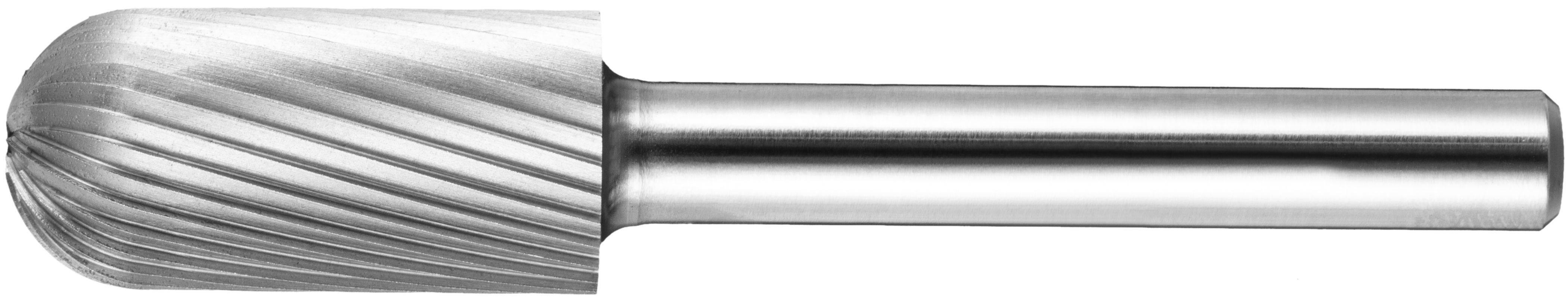 Cylindryczny narzędzie frezujące z zaokrągloną głowicą tnącą i spiralnymi rowkami, stosowane do kształtowania, szlifowania i usuwania materiału w obróbce metali.