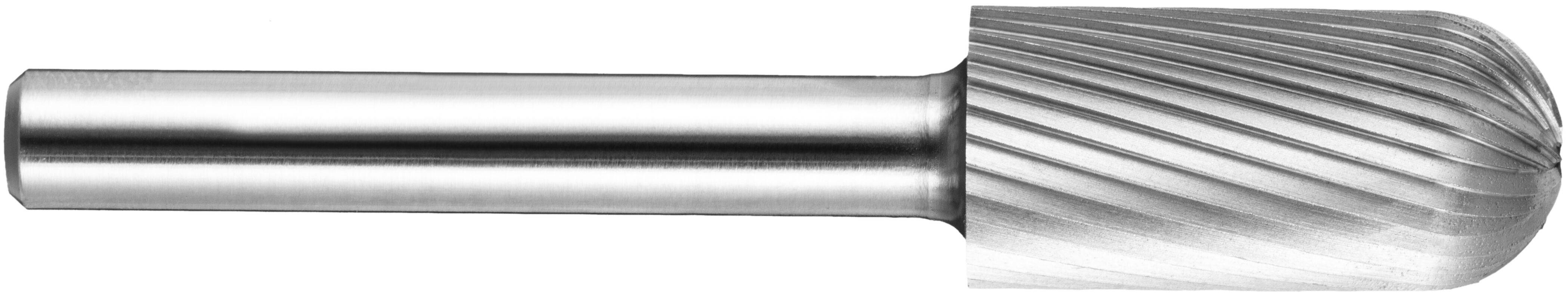 Akcesorium narzędzia obrotowego z cylindrycznym trzpieniem i stożkową, stożkowatą głowicą tnącą, wyposażoną w spiralne rowki do obróbki metalu.