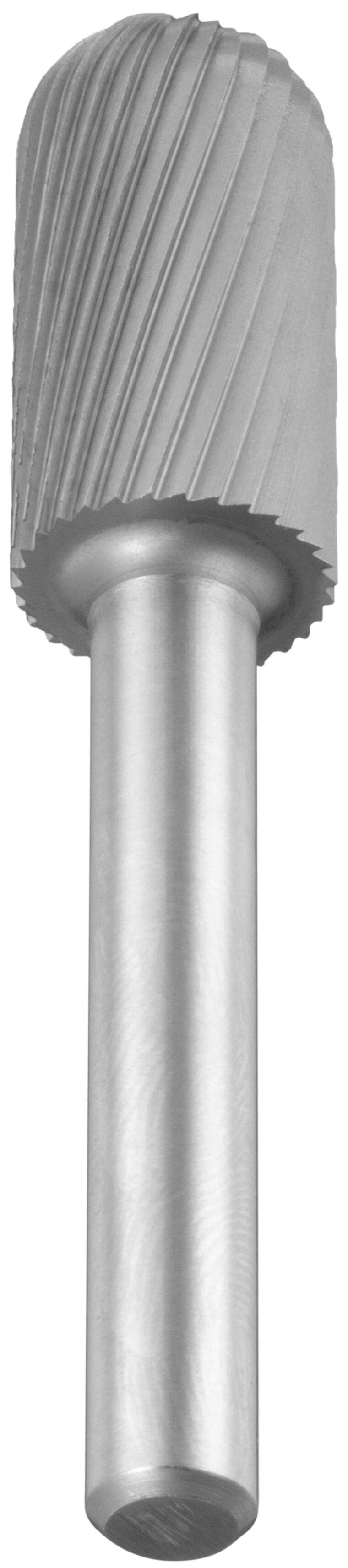 Cylindryczny narzędzie skrawające z głowicą stożkową, żebrowaną i długim uchwytem, używane do szlifowania lub kształtowania twardych materiałów.