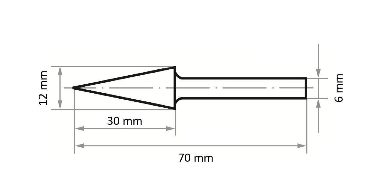 Schemat końcówki lutownicy, przedstawiający wymiary: 70 mm całkowitej długości, 30 mm sekcji zwężanej, 12 mm szerokości, 6 mm podstawy.