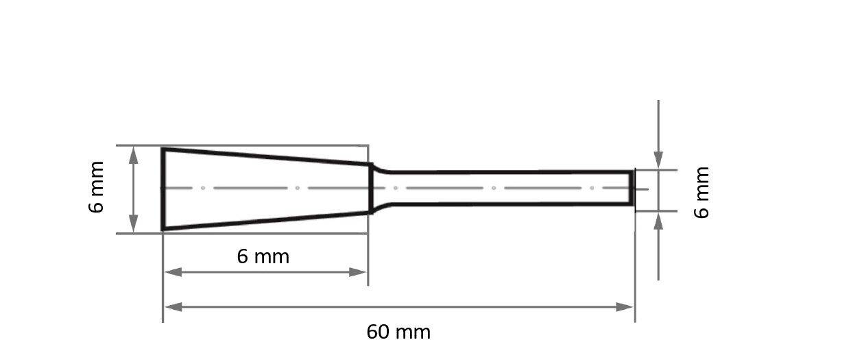 Rysunek techniczny przedstawiający walcowy, zwężający się element o następujących parametrach:<br>- Długość: 60 mm<br>- Szerokość końców: 6 mm<br>- Zwężenie w części środkowej