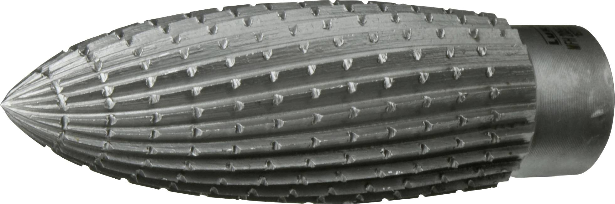 Metalowy cylindryczny frez ze spiczastą, żebrowaną powierzchnią, używany do kształtowania lub cięcia materiałów takich jak metal lub drewno.