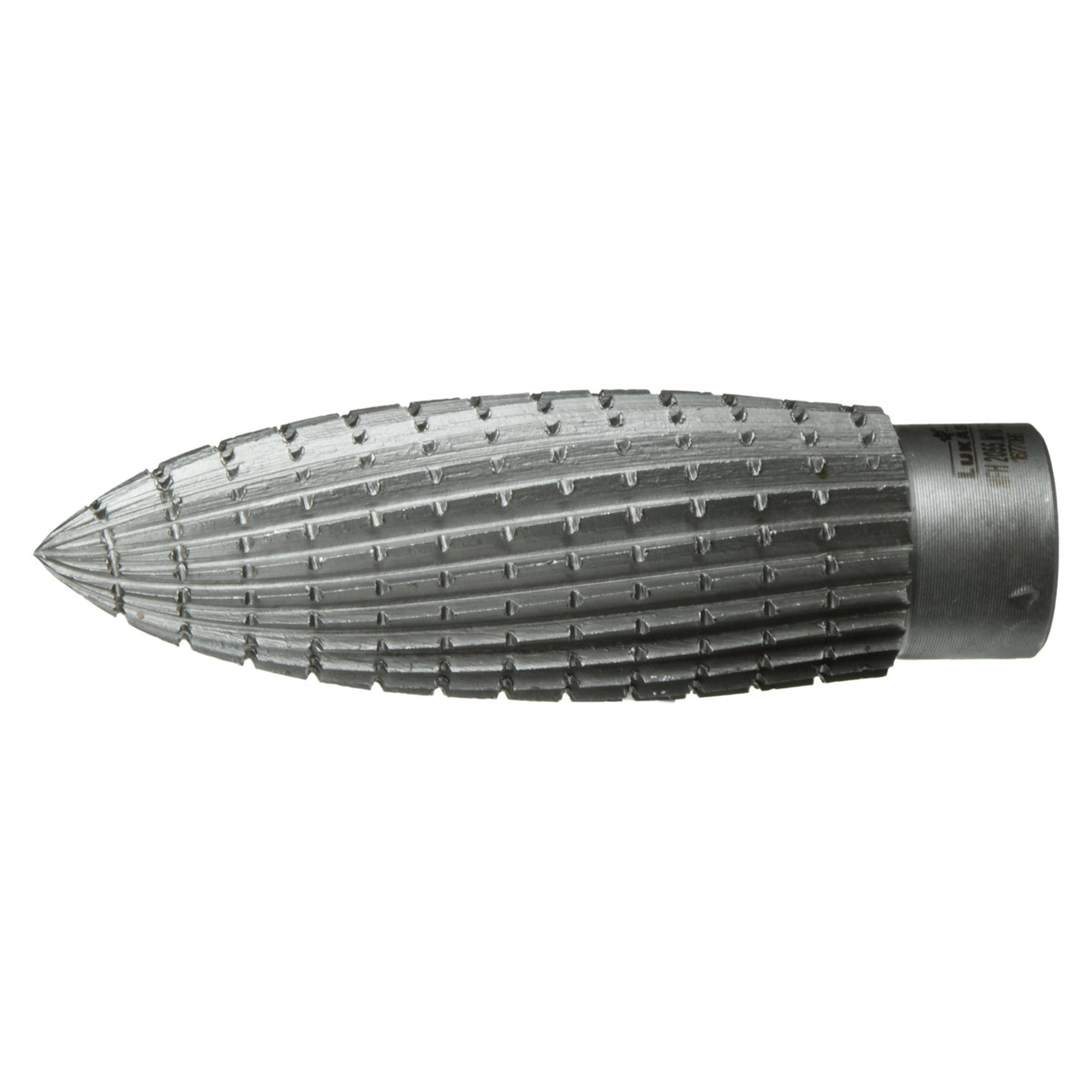 Metalowe narzędzie o teksturowanym, stożkowatym czubku i cylindrycznej podstawie, prawdopodobnie służące do szlifowania lub wiercenia.