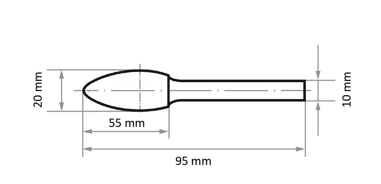 Rysunek techniczny przedmiotu przypominającego łyżkę o następujących wymiarach: długość 95 mm, szerokość główki 20 mm, długość główki 55 mm, uchwyt o szerokości 10 mm.