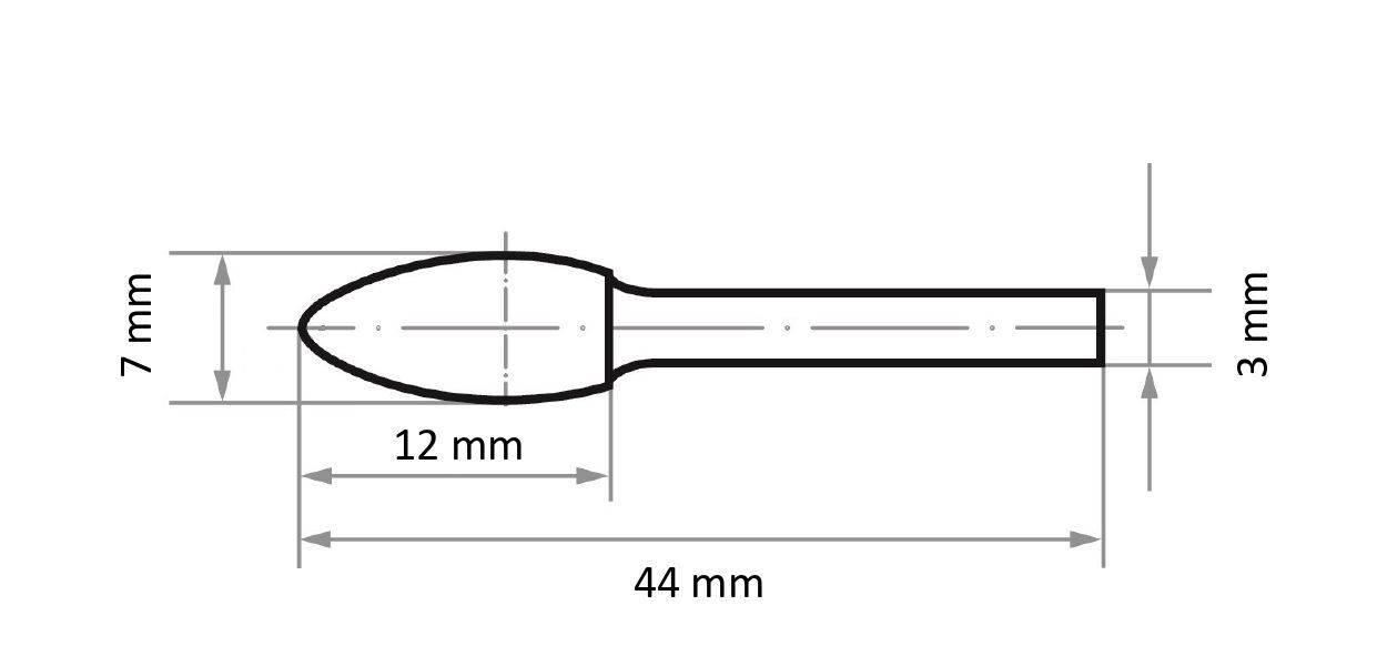 Rysunek techniczny obiektu o kształcie pocisku przedstawia wymiary: 44 mm długości, 7 mm szerokości, część czołowa 12 mm, ogon 3 mm.