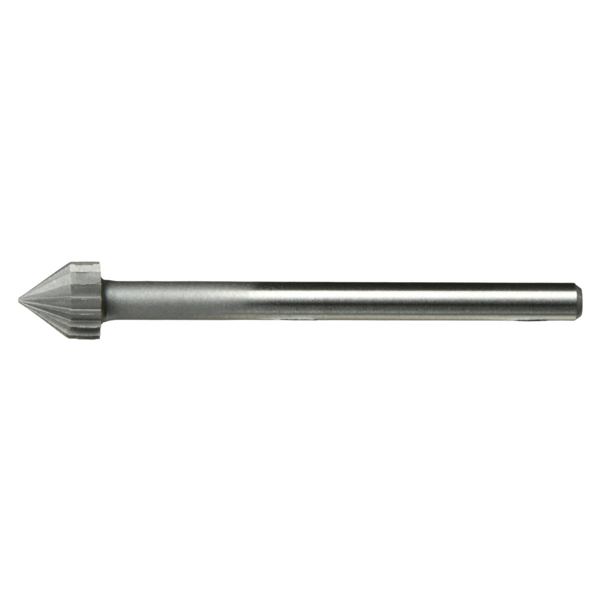 Metalowy wiertło fazujące z końcówką stożkową i cylindrycznym trzpieniem, używane do wykonywania skosów w materiałach takich jak drewno lub metal.