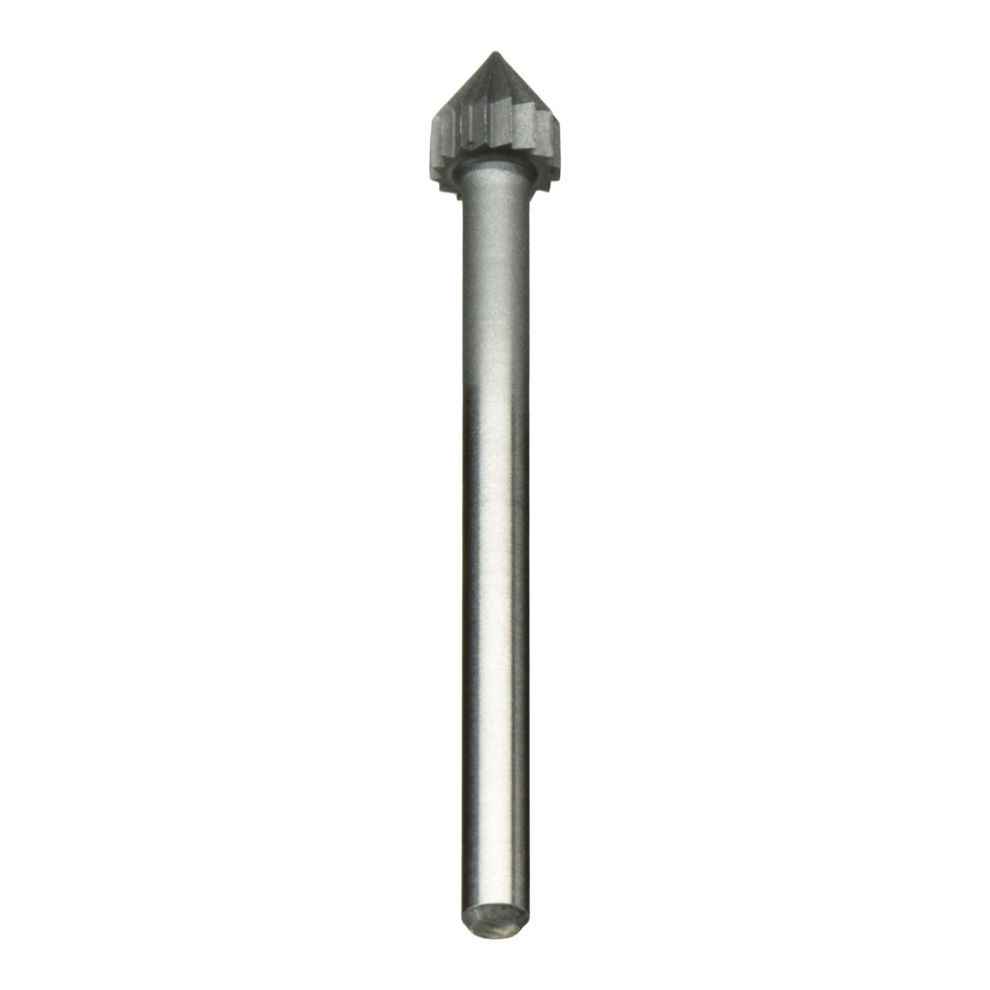 Metalowy wiertło stożkowe z ostrzem o kształcie stożka i cylindrycznym chwytem. Używane do wykonywania otworów stożkowych w różnych materiałach.