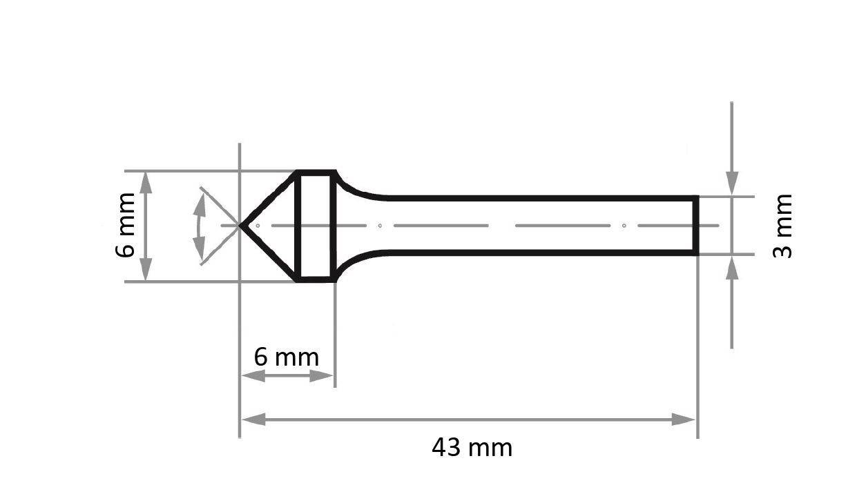 Rysunek techniczny obiektu cylindrycznego ze szpiczastym zakończeniem. Wymiary: 6 mm szerokości na czubku, 3 mm średnicy trzonu, 43 mm całkowitej długości.