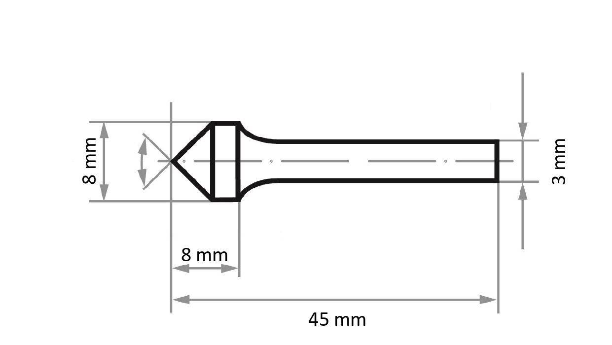 Rysunek techniczny cylindrycznego narzędzia zakończonego ostrzem, szczegółowe wymiary: szerokość końcówki 8 mm, długość trzonu 45 mm, średnica 3 mm.