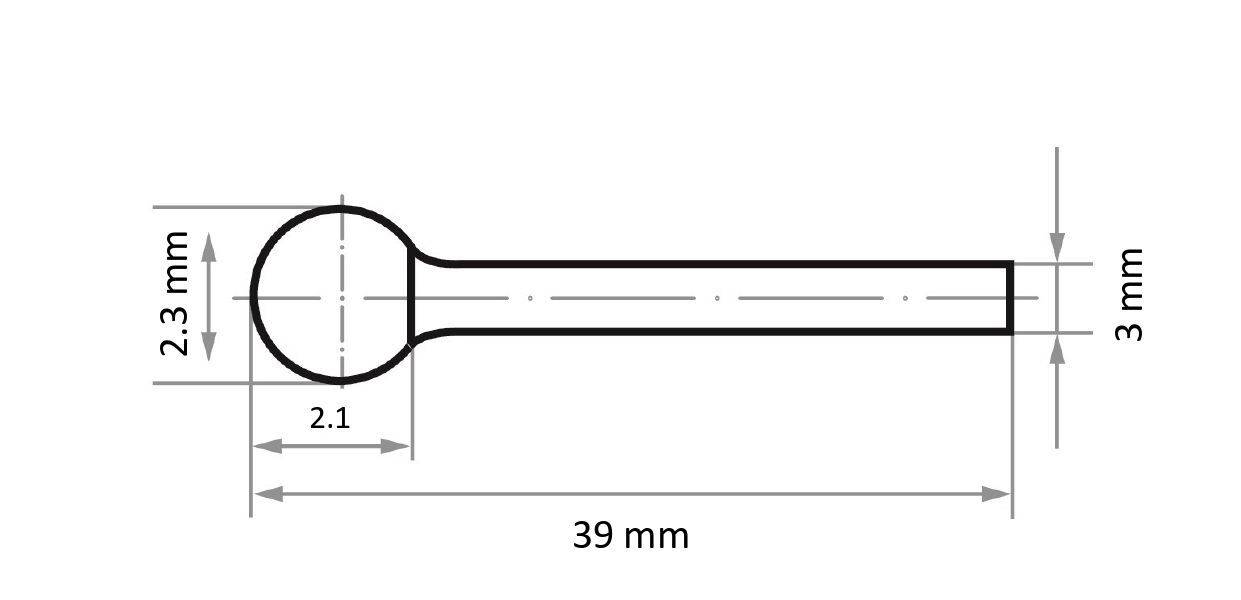 Rysunek techniczny cylindrycznego obiektu z okrągłą główką. Wymiary: 39 mm długości, 3 mm szerokości oraz 2,3 mm średnicy główki.