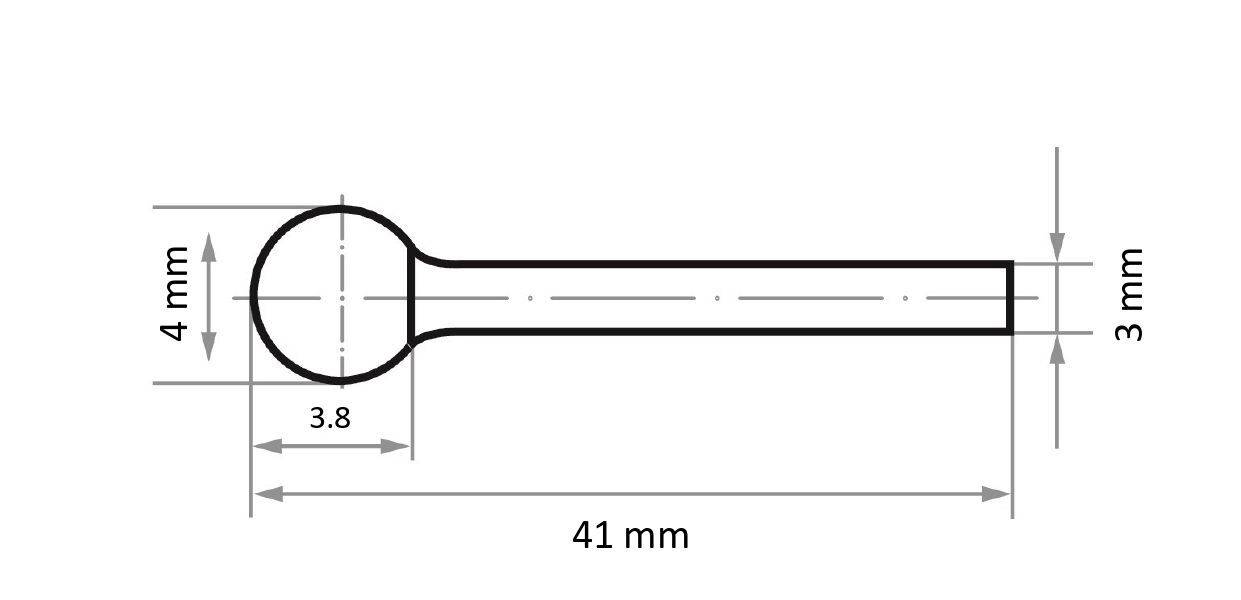Rysunek techniczny cylindrycznego elementu o długości 41 mm, składającego się z:<br>- główki o średnicy 4 mm<br>- wąskiej sekcji o średnicy 3 mm<br>z naniesionymi wymiarami.