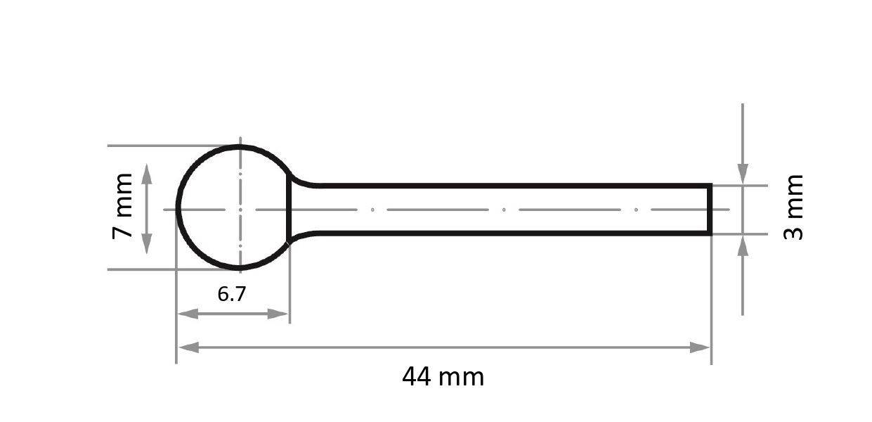 Rysunek techniczny pręta z końcówką kołową. Wymiary: średnica 7 mm, długość końcówki kołowej 6,7 mm, całkowita długość 44 mm, średnica pręta 3 mm.