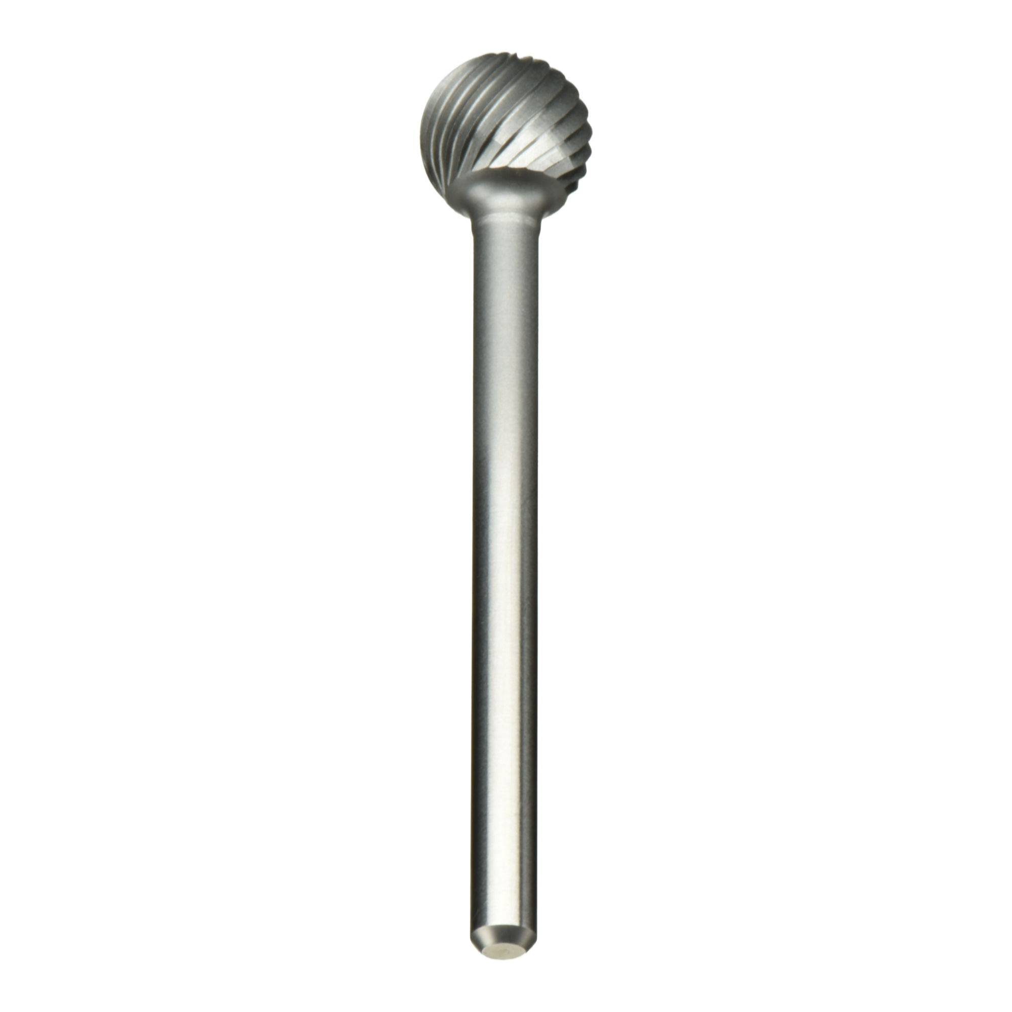 Srebrny cylindryczny metalowy frez obrotowy z główką kulistą, używany do cięcia i kształtowania materiałów.