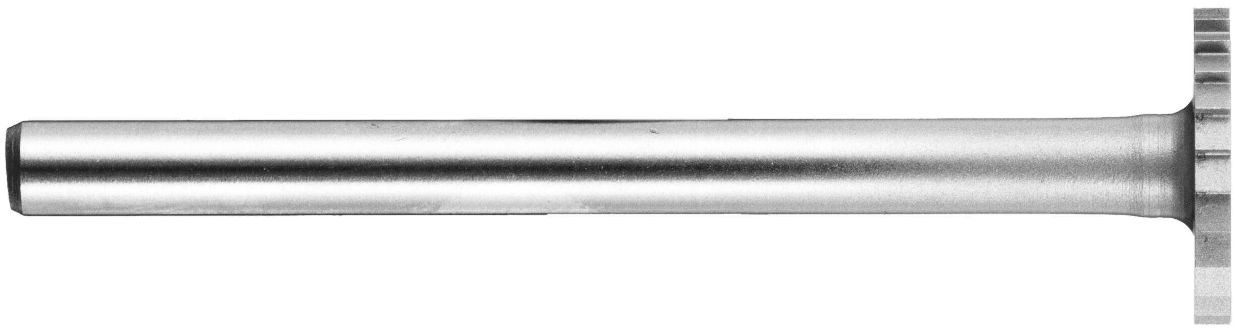 Długi, cylindryczny metalowy pręt z płaskim, okrągłym zakończeniem po prawej stronie, przypominający element mechaniczny lub sworzeń.