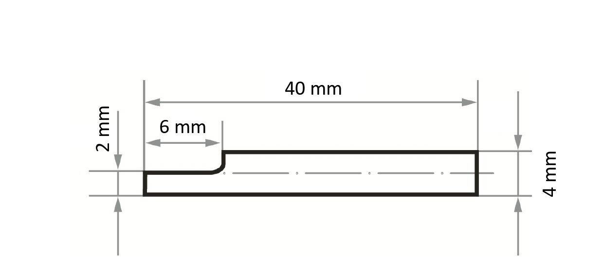 Rysunek techniczny przedstawia widok z boku obiektu w kształcie litery L o następujących wymiarach: 40 mm długości, 4 mm wysokości, 6 mm długości stopnia oraz 2 mm wysokości stopnia.