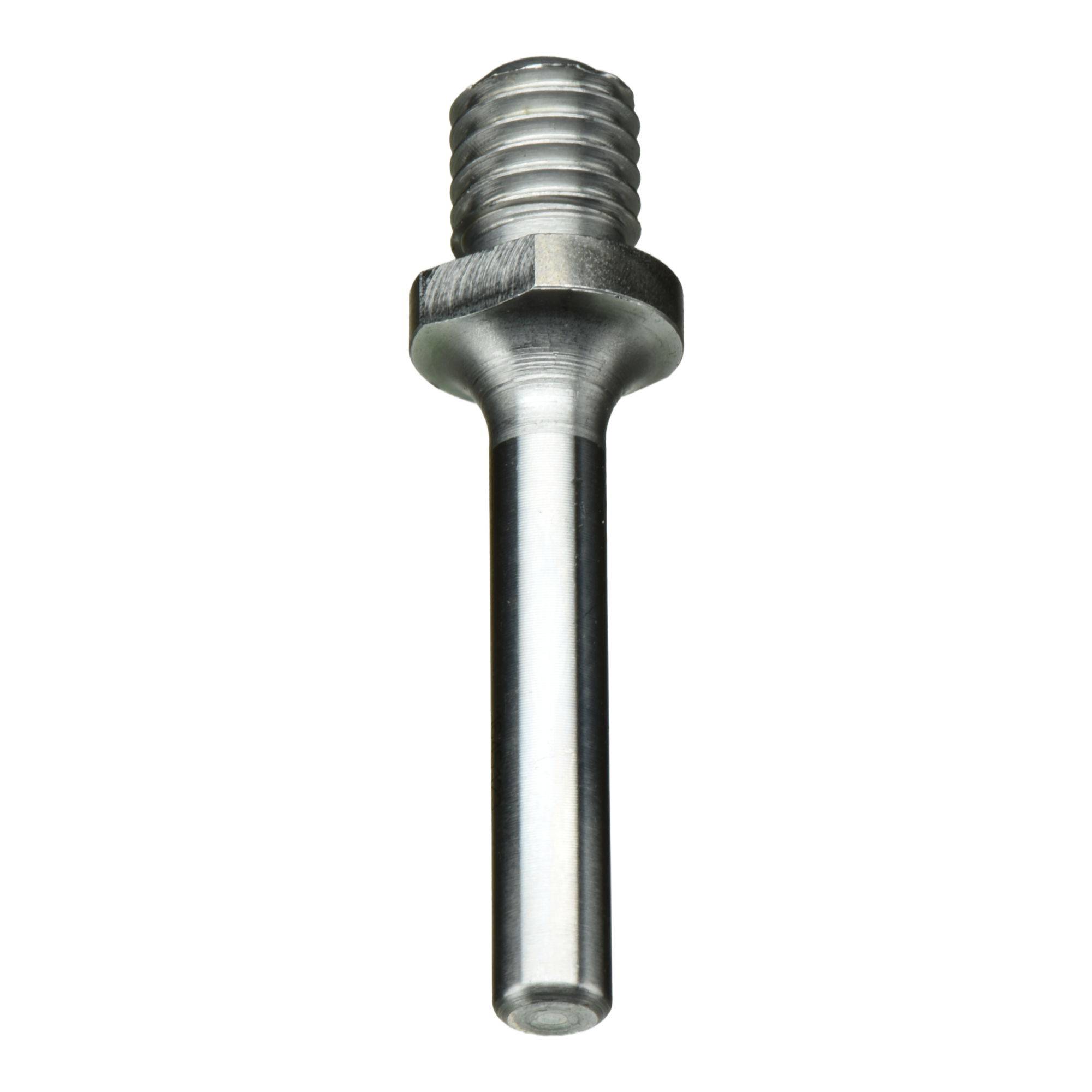 Metalowy śrubowy adapter z prążkowaną główką i gładkim trzpieniem, przeznaczony do łączenia kompatybilnych elementów w urządzeniach mechanicznych.