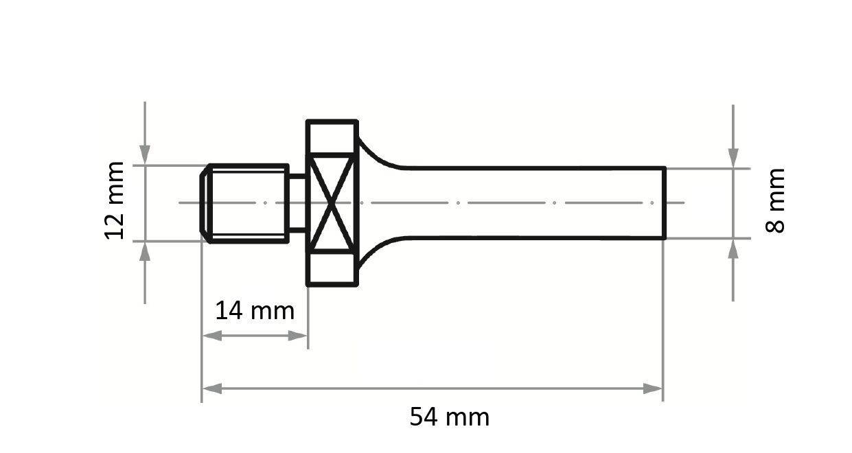 Rysunek techniczny śruby o wymiarach: długość 54 mm, szerokość 12 mm u góry, 8 mm na trzpieniu oraz 14 mm poziomego elementu.