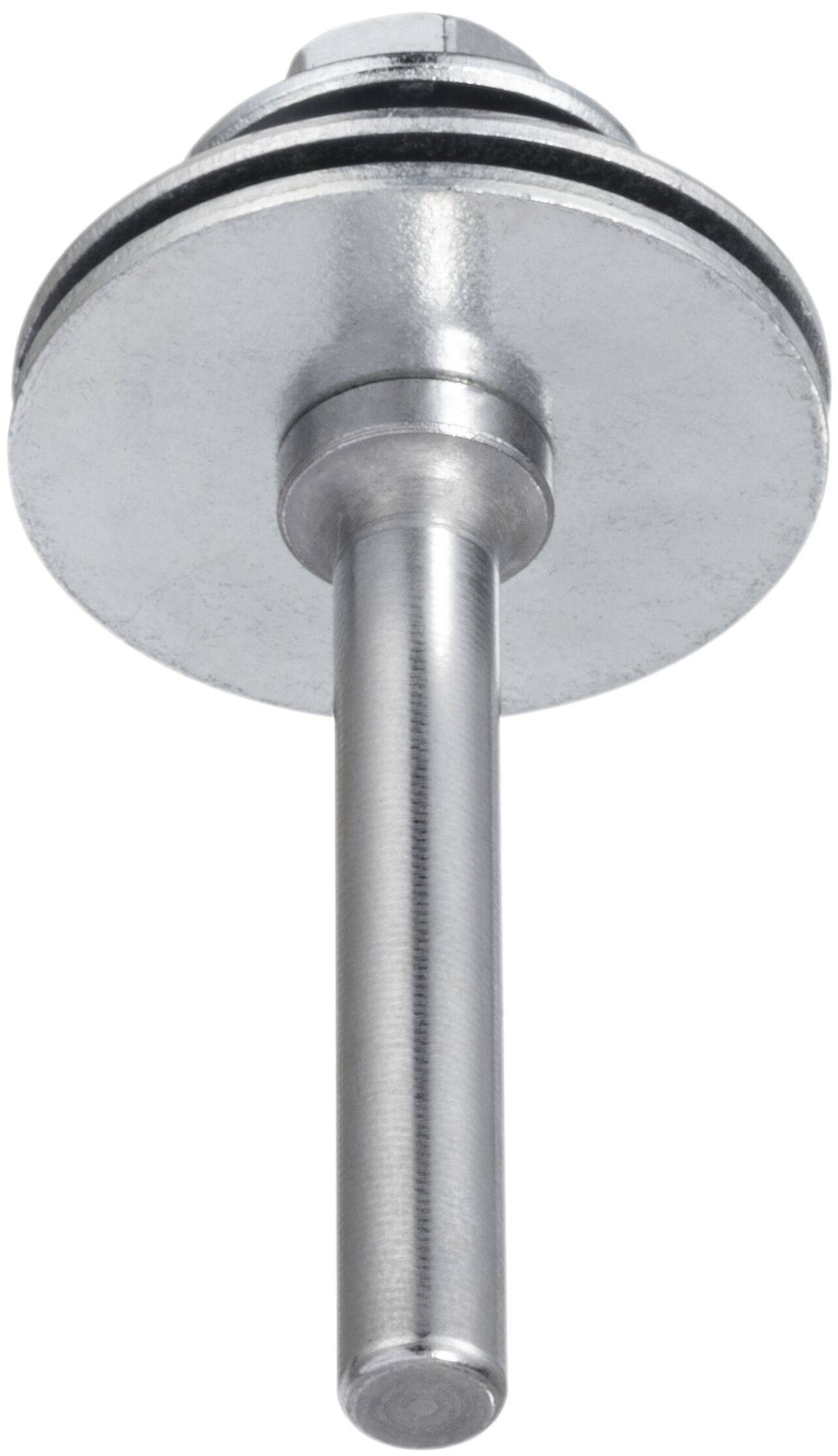 Metalowy element cylindryczny z długim wałem schodzącym w dół, wyposażony w krążki o kształcie kołowym oraz rowek wokół górnej części.