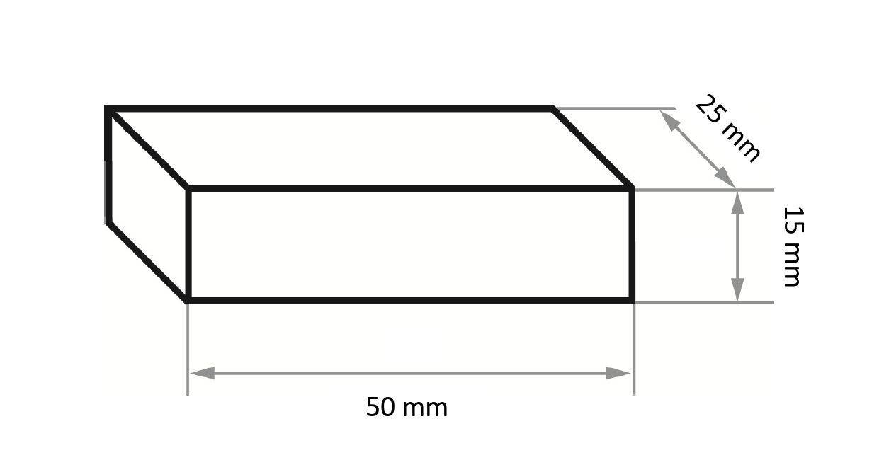 Prostopadłościan o wymiarach: 50 mm długości, 25 mm szerokości i 15 mm wysokości.