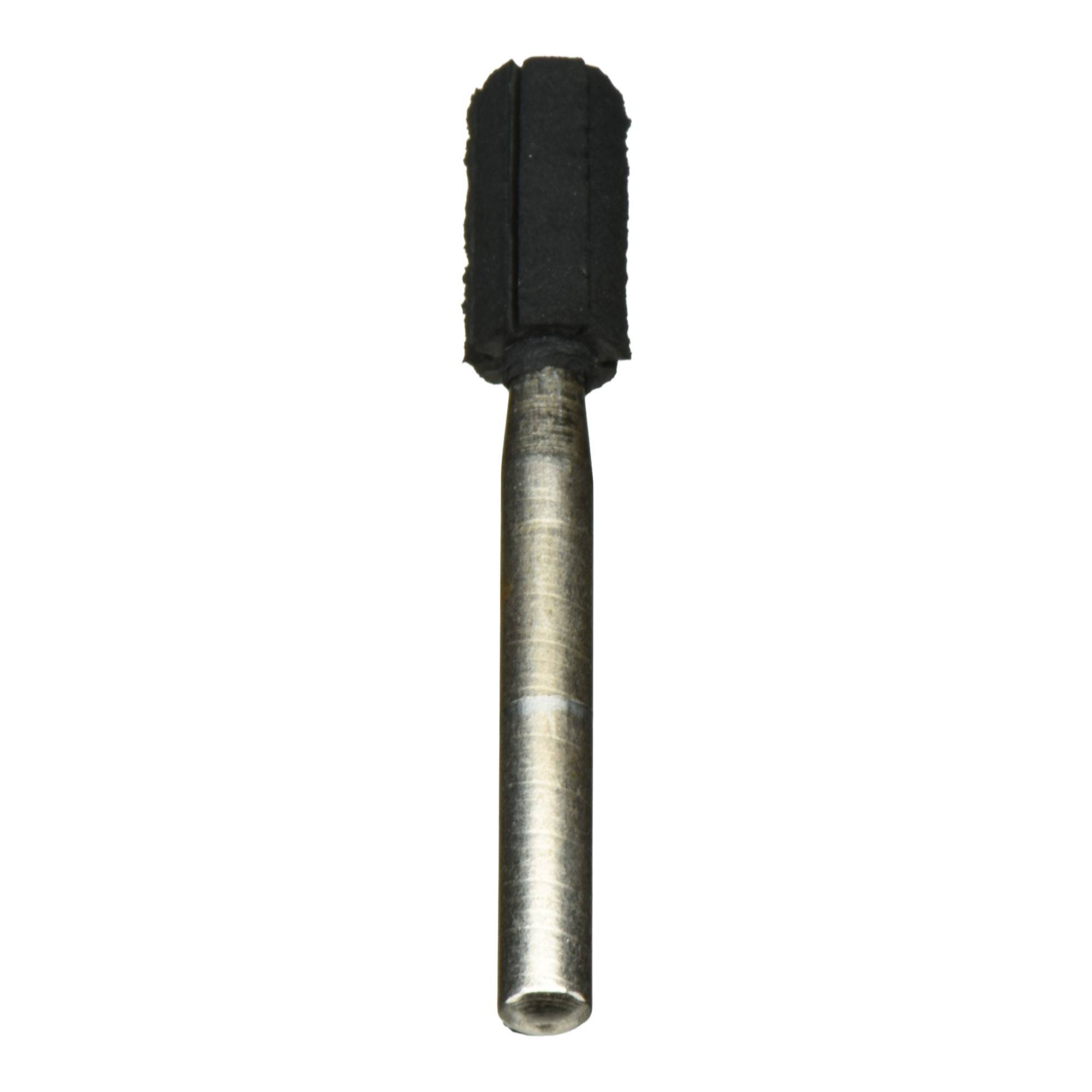 Cylindryczny narzędzie szlifierskie z teksturowaną, czarną powierzchnią ścierną, zamocowane na metalowym wrzecionie, służące do precyzyjnego usuwania materiału.