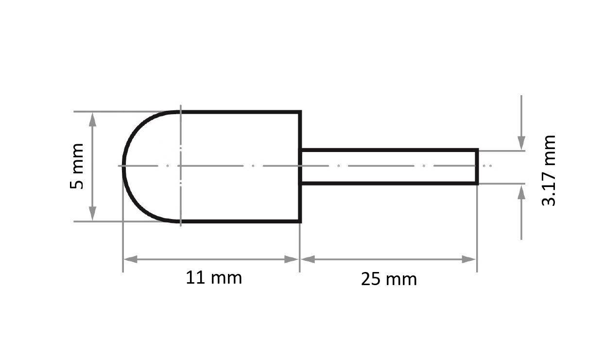 Rysunek techniczny walcowego obiektu z zakończeniem półkolistym, o wysokości 5 mm, średnicy 11 mm i długości 25 mm.