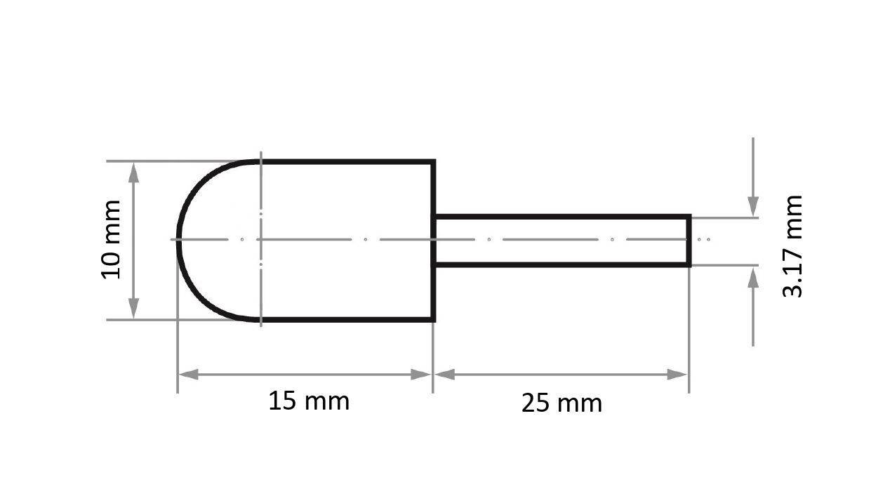 Rysunek techniczny przedstawia obiekt cylindryczny zakończony kopułą. Wymiary: długość 25 mm, szerokość 3,17 mm, wysokość 10 mm, długość kopuły 15 mm.