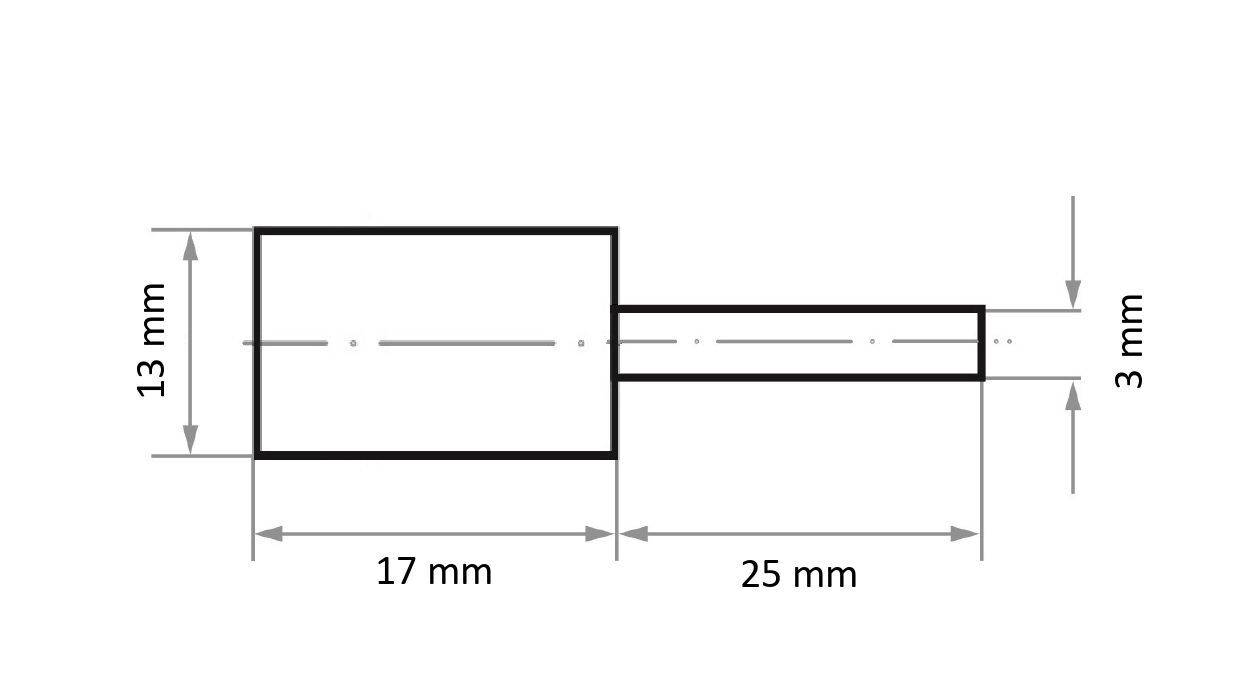Rysunek techniczny cylindrycznego pręta połączonego z prostokątnym blokiem. Blok jest szeroki na 17 mm i wysoki na 13 mm; pręt jest długi na 25 mm i ma średnicę 3 mm.