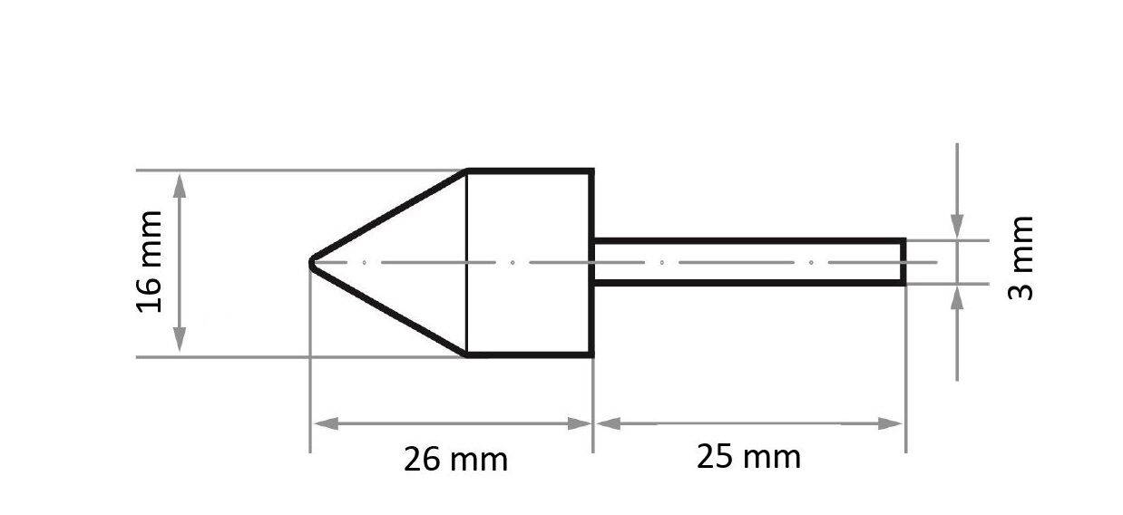 Rysunek techniczny cylindrycznego obiektu ze stożkowym zakończeniem, opisany: wysokość 16 mm, podstawa 26 mm, przedłużenie 25 mm, oraz średnica 3 mm.