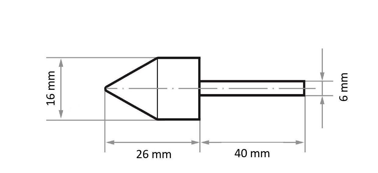 Rysunek techniczny narzędzia stożkowego z oznaczonymi wymiarami: <br>- Średnica: 16 mm<br>- Długość stożka: 26 mm<br>- Całkowita długość: 40 mm<br>- Średnica trzpienia: 6 mm