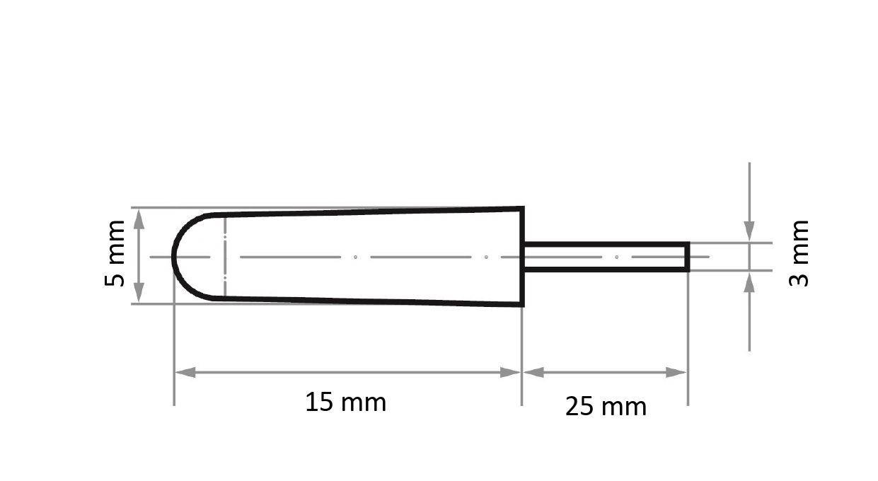 Rysunek techniczny obiektu cylindrycznego: całkowita długość 25 mm, średnica 5 mm, segment o długości 15 mm oraz pręt łączący o długości 3 mm.