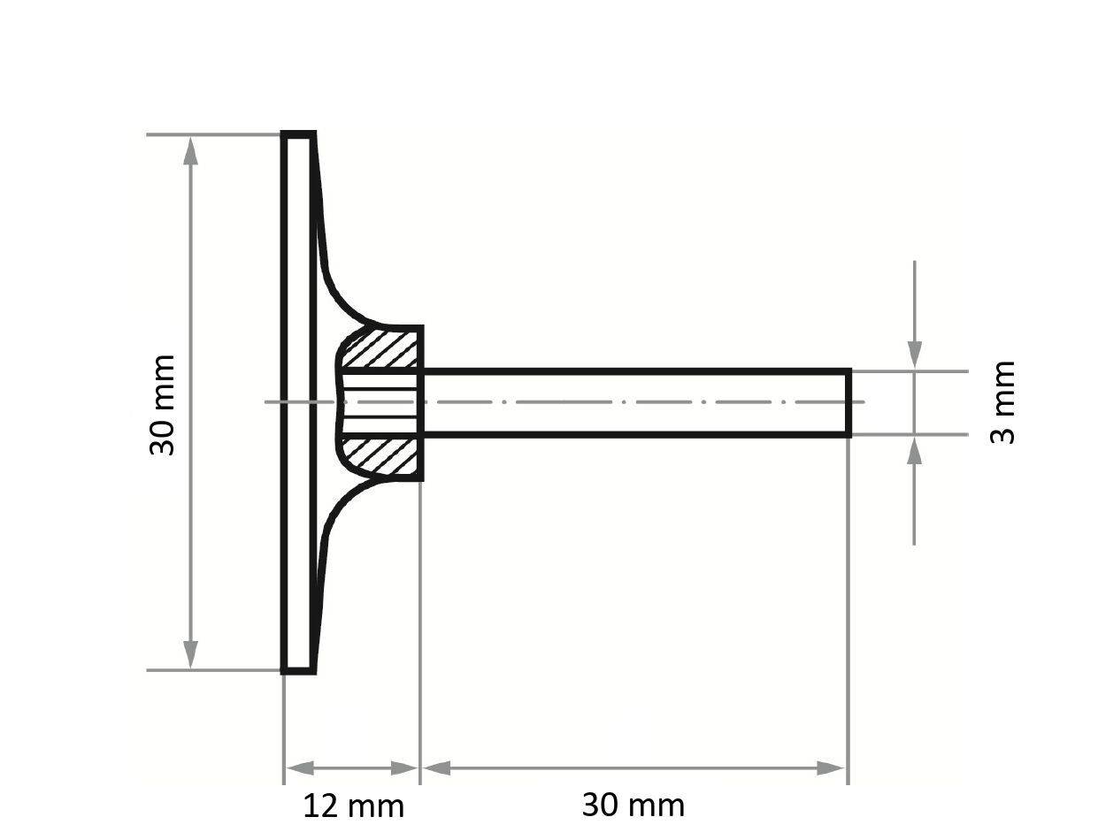 Rysunek techniczny obiektu cylindrycznego z płaską, okrągłą podstawą. Podstawa ma średnicę 30 mm i grubość 12 mm. Część cylindryczna ma długość 30 mm i średnicę 3 mm.
