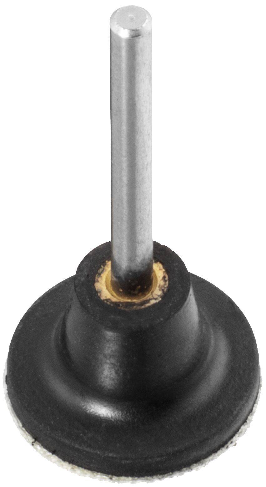 Mały, okrągły, czarny gumowy odbojnik z metalowym bolcem wystającym do góry, zwykle stosowany do ochrony lub amortyzacji na różnych powierzchniach.
